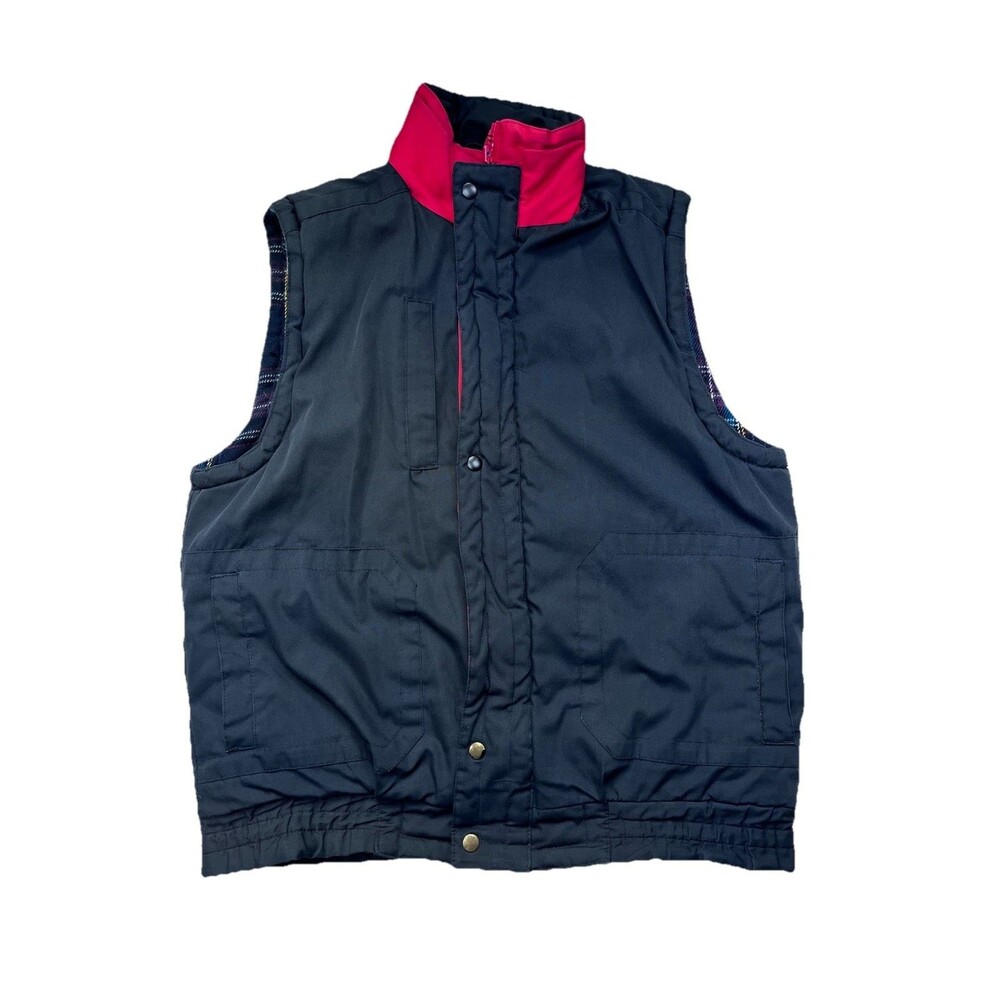 VTG Whitefish Bay Men's M Puffer Vest Navy Blue Plaid Flannel Lined Gorpcore